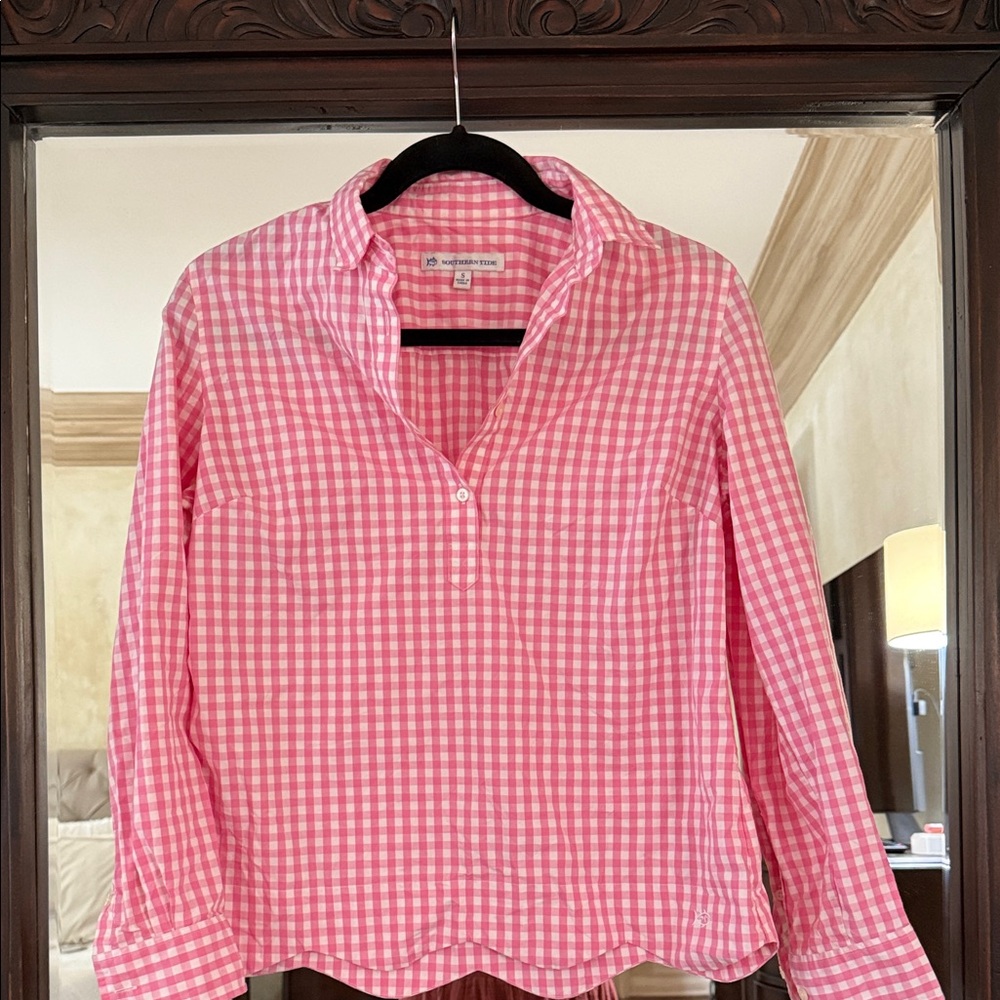 Pink Gingham Women's Top with scalloped edge detail
